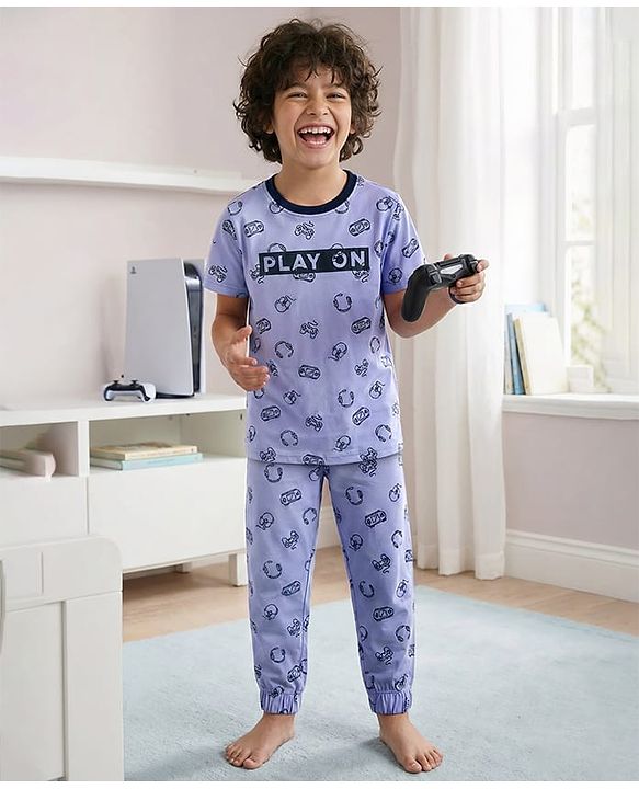 Pine Kids Single Jersey Knit Half Sleeves Co-ords Night Suit with Gaming Theme Print - Light Blue