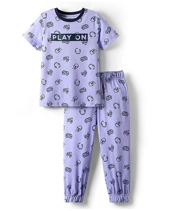 Pine Kids Single Jersey Knit Half Sleeves Co-ords Night Suit with Gaming Theme Print - Light Blue