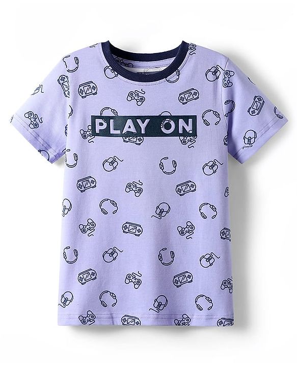 Pine Kids Single Jersey Knit Half Sleeves Co-ords Night Suit with Gaming Theme Print - Light Blue