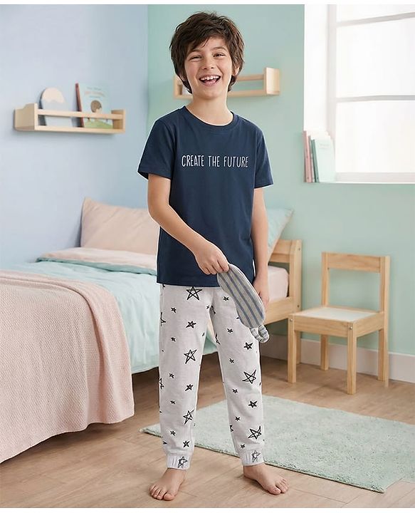 Pine Kids Single Jersey Knit Half Sleeves Night Wear With Text & Star Print - Navy Blue & Grey
