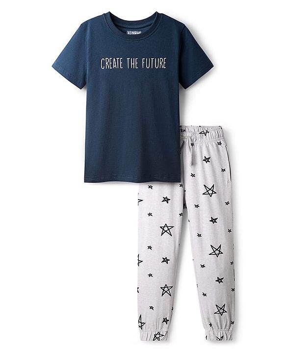 Pine Kids Single Jersey Knit Half Sleeves Night Wear With Text & Star Print - Navy Blue & Grey
