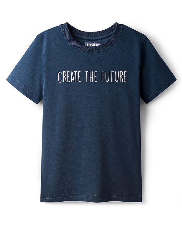 Pine Kids Single Jersey Knit Half Sleeves Night Wear With Text & Star Print - Navy Blue & Grey