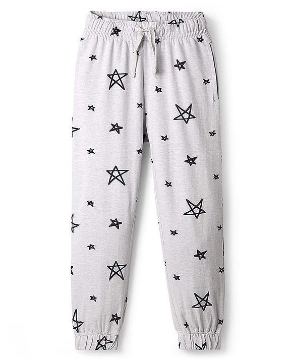 Pine Kids Single Jersey Knit Half Sleeves Night Wear With Text & Star Print - Navy Blue & Grey