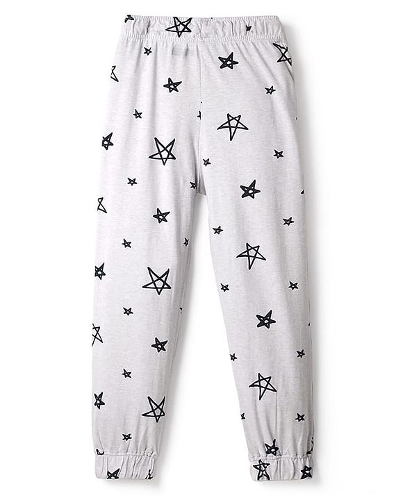 Pine Kids Single Jersey Knit Half Sleeves Night Wear With Text & Star Print - Navy Blue & Grey