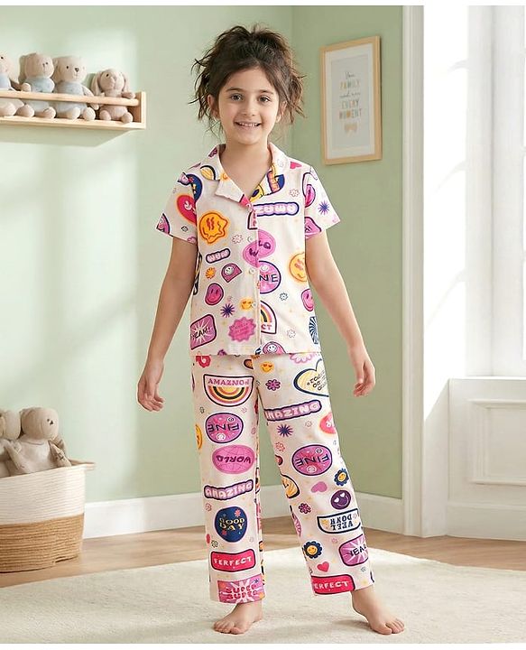 Pine Kids Single Jersey Knit Half Sleeves Co-Ord Night Suit with Whimsical Print - Offwhite & Pink