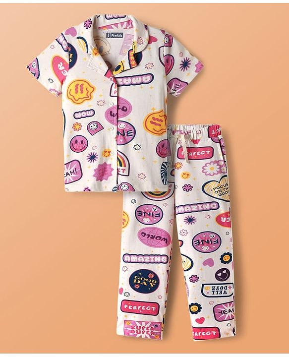 Pine Kids Single Jersey Knit Half Sleeves Co-Ord Night Suit with Whimsical Print - Offwhite & Pink