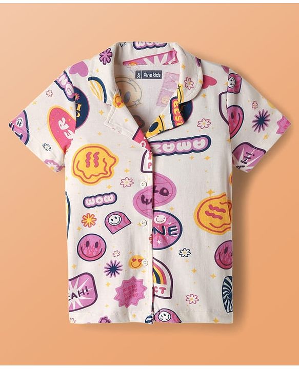 Pine Kids Single Jersey Knit Half Sleeves Co-Ord Night Suit with Whimsical Print - Offwhite & Pink