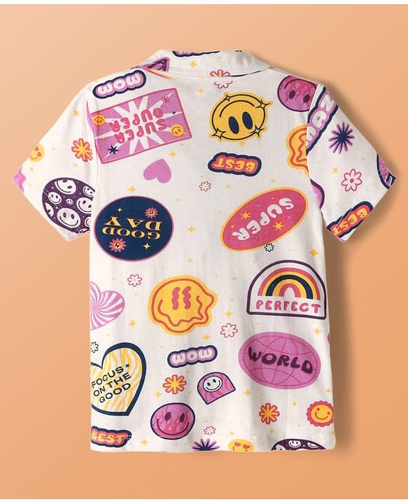 Pine Kids Single Jersey Knit Half Sleeves Co-Ord Night Suit with Whimsical Print - Offwhite & Pink