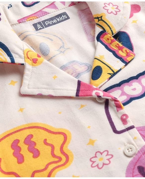 Pine Kids Single Jersey Knit Half Sleeves Co-Ord Night Suit with Whimsical Print - Offwhite & Pink