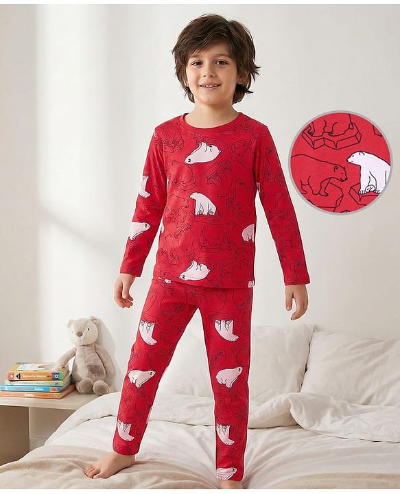 Pine Kids Single Jersey Knit Full Sleeves Co-Ord Night Suit With Polar Bear Print - Red