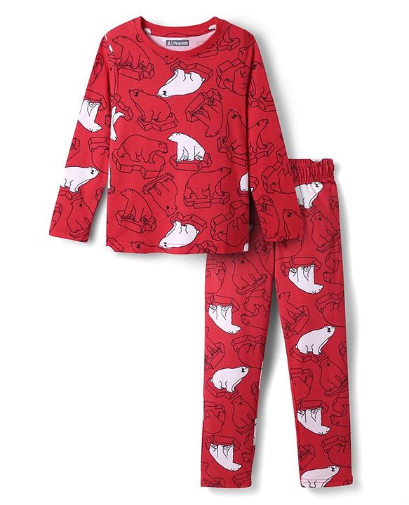 Pine Kids Single Jersey Knit Full Sleeves Co-Ord Night Suit With Polar Bear Print - Red