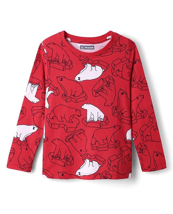 Pine Kids Single Jersey Knit Full Sleeves Co-Ord Night Suit With Polar Bear Print - Red