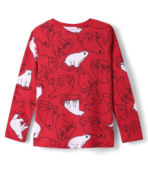 Pine Kids Single Jersey Knit Full Sleeves Co-Ord Night Suit With Polar Bear Print - Red