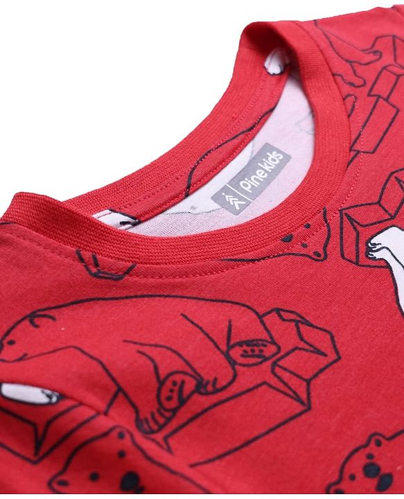 Pine Kids Single Jersey Knit Full Sleeves Co-Ord Night Suit With Polar Bear Print - Red