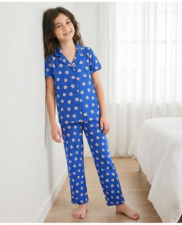 Pine Kids Single Jersey Knit Half Sleeves Co-Ord Night Suit With Floral Print - Blue