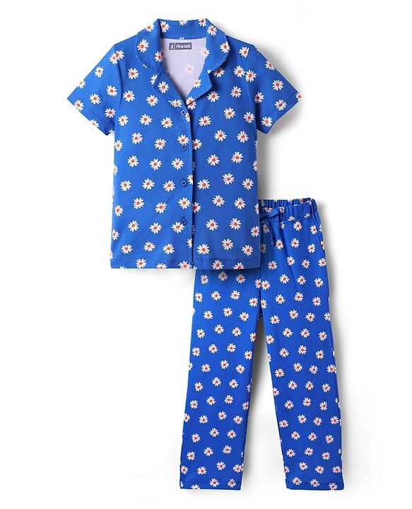 Pine Kids Single Jersey Knit Half Sleeves Co-Ord Night Suit With Floral Print - Blue