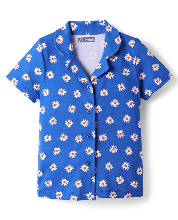 Pine Kids Single Jersey Knit Half Sleeves Co-Ord Night Suit With Floral Print - Blue