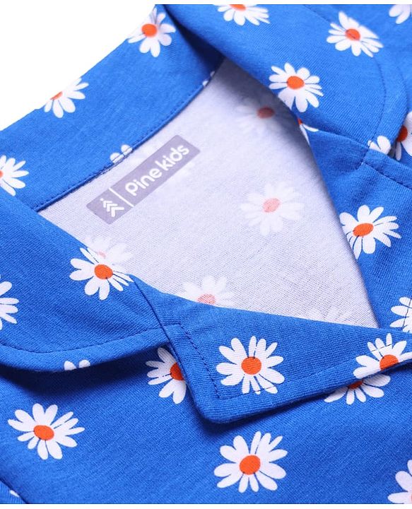 Pine Kids Single Jersey Knit Half Sleeves Co-Ord Night Suit With Floral Print - Blue