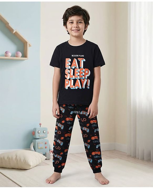 Pine Kids Single Jersey Knit Half Sleeves Night Suit with Text Print - Black