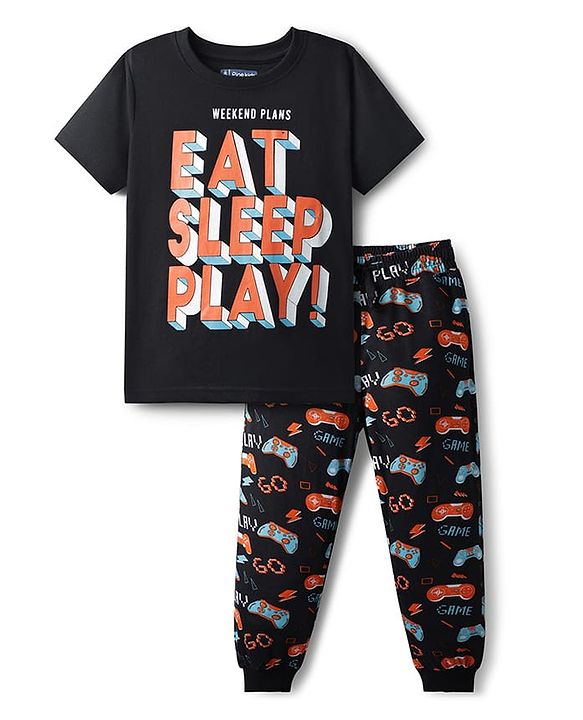 Pine Kids Single Jersey Knit Half Sleeves Night Suit with Text Print - Black