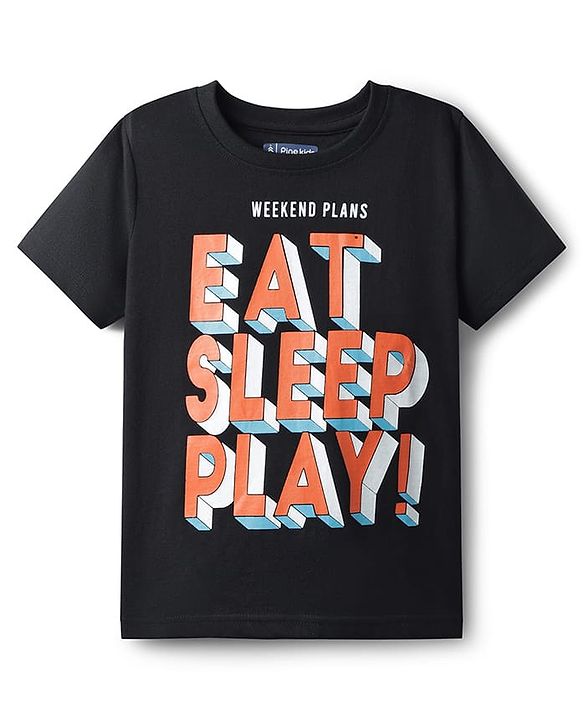 Pine Kids Single Jersey Knit Half Sleeves Night Suit with Text Print - Black