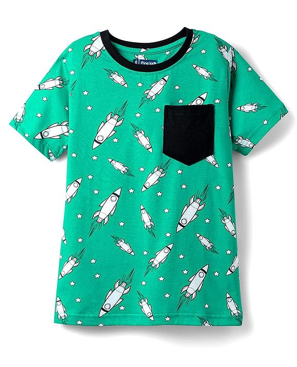 Pine Kids Single Jersey Knit Half Sleeves Co-ords Night Suit With Rocket Print - Green
