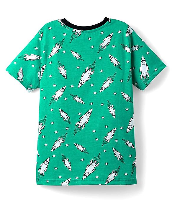 Pine Kids Single Jersey Knit Half Sleeves Co-ords Night Suit With Rocket Print - Green