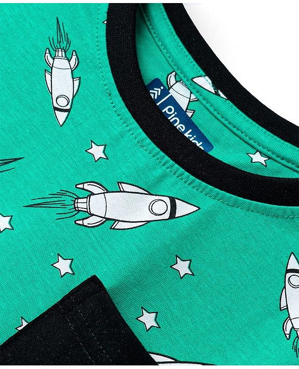 Pine Kids Single Jersey Knit Half Sleeves Co-ords Night Suit With Rocket Print - Green
