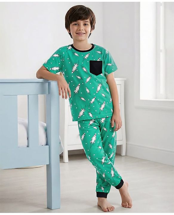 Pine Kids Single Jersey Knit Half Sleeves Co-ords Night Suit With Rocket Print - Green