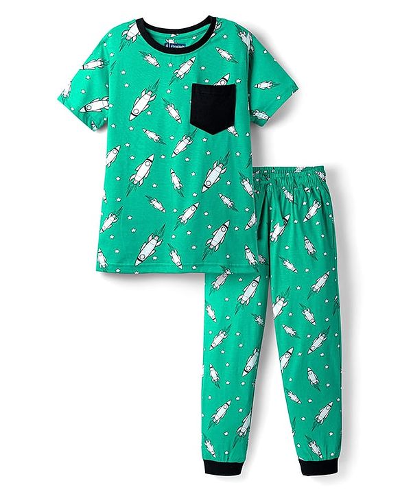 Pine Kids Single Jersey Knit Half Sleeves Co-ords Night Suit With Rocket Print - Green