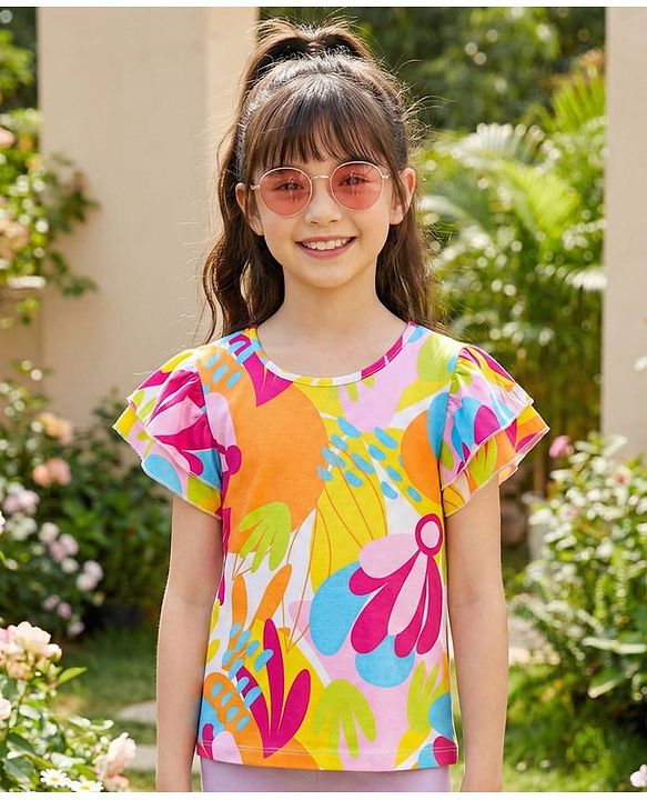 Pine Kids Cotton Knit Half Sleeves Floral Printed Top - Multicolor