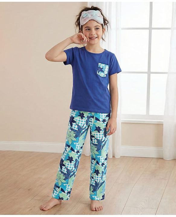 Pine Kids Single Jersey Knit Half Sleeves Night Suit with Floral Print - Navy Blue