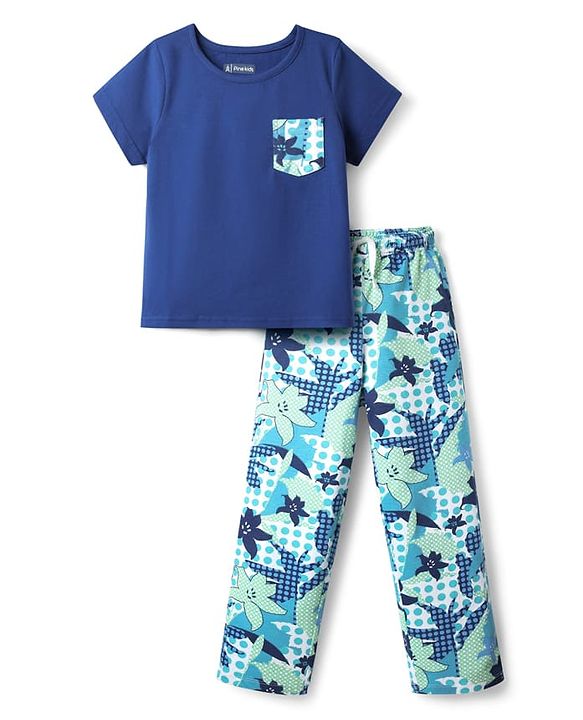 Pine Kids Single Jersey Knit Half Sleeves Night Suit with Floral Print - Navy Blue