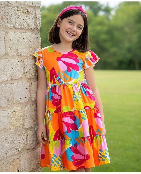Pine Kids Cotton Knit Half Sleeves Frock With Floral Print - Multicolor