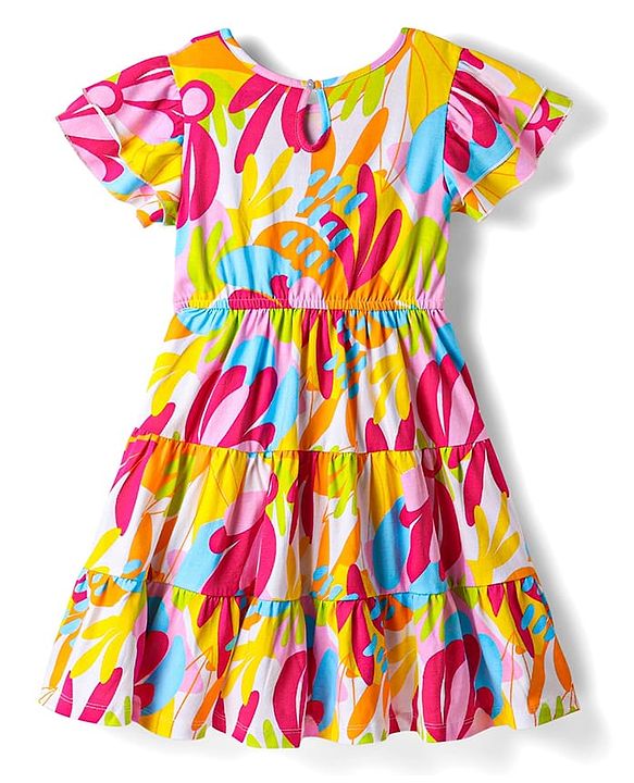 Pine Kids Cotton Knit Half Sleeves Frock With Floral Print - Multicolor