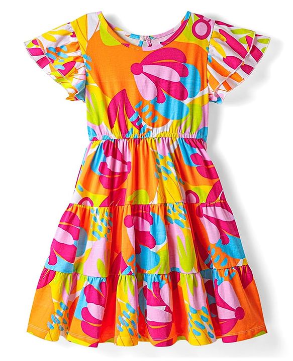 Pine Kids Cotton Knit Half Sleeves Frock With Floral Print - Multicolor