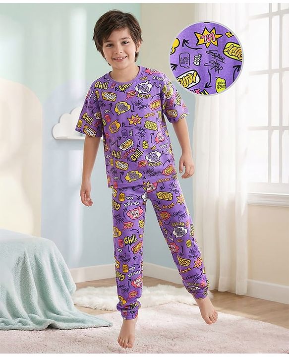 Pine Kids Single Jersey Knit Half Sleeves Co-ord Night Suit  with Chill & Relax Text Print - Purple