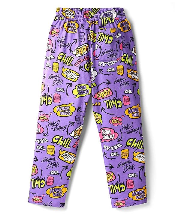 Pine Kids Single Jersey Knit Half Sleeves Co-ord Night Suit  with Chill & Relax Text Print - Purple