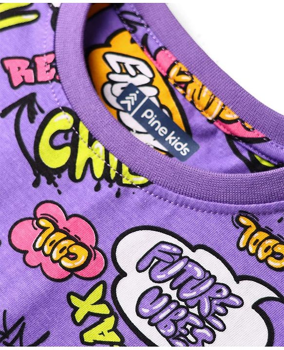 Pine Kids Single Jersey Knit Half Sleeves Co-ord Night Suit  with Chill & Relax Text Print - Purple