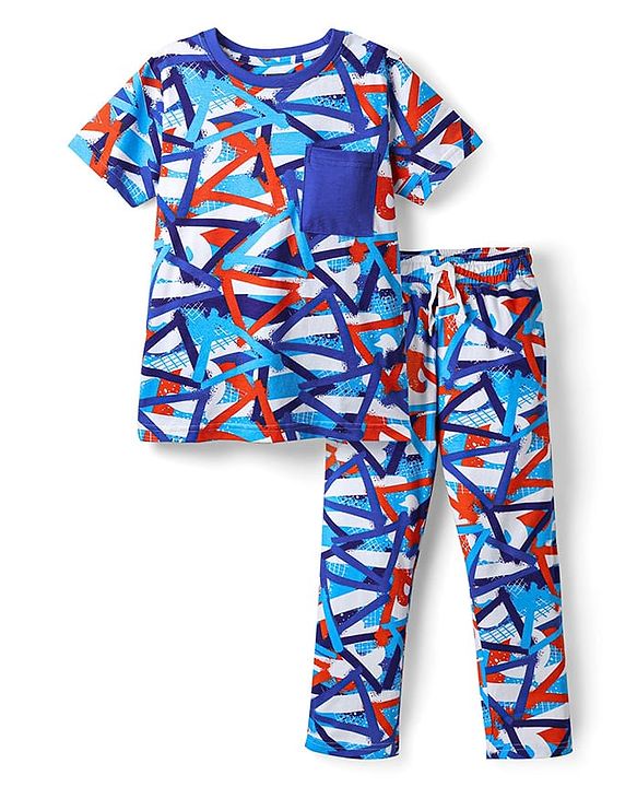 Pine Kids Single Jersey Knit Half Sleeves Co-ords Night Suit With Abstract Print - Royal Blue