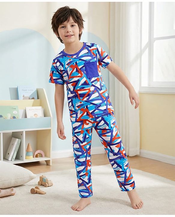 Pine Kids Single Jersey Knit Half Sleeves Co-ords Night Suit With Abstract Print - Royal Blue