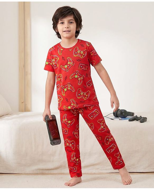Pine Kids Single Jersey Knit Half Sleeves Night Suit  Co-ord  with Gaming Text Print - Red