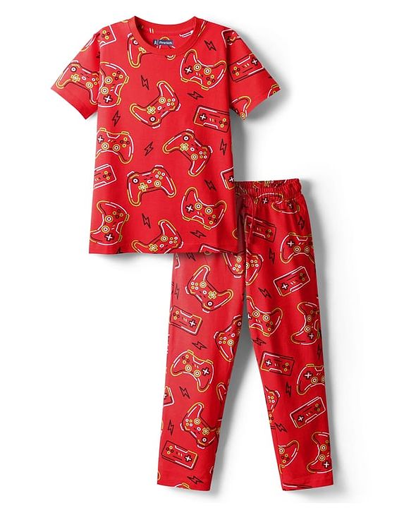 Pine Kids Single Jersey Knit Half Sleeves Night Suit  Co-ord  with Gaming Text Print - Red