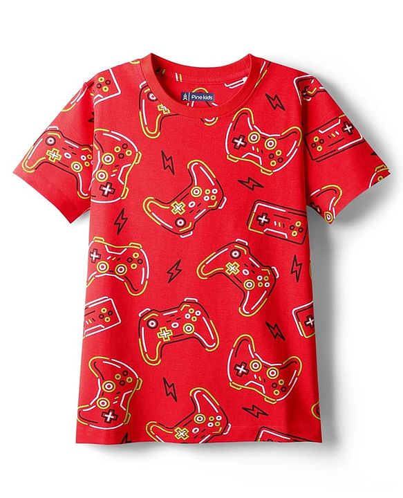 Pine Kids Single Jersey Knit Half Sleeves Night Suit  Co-ord  with Gaming Text Print - Red