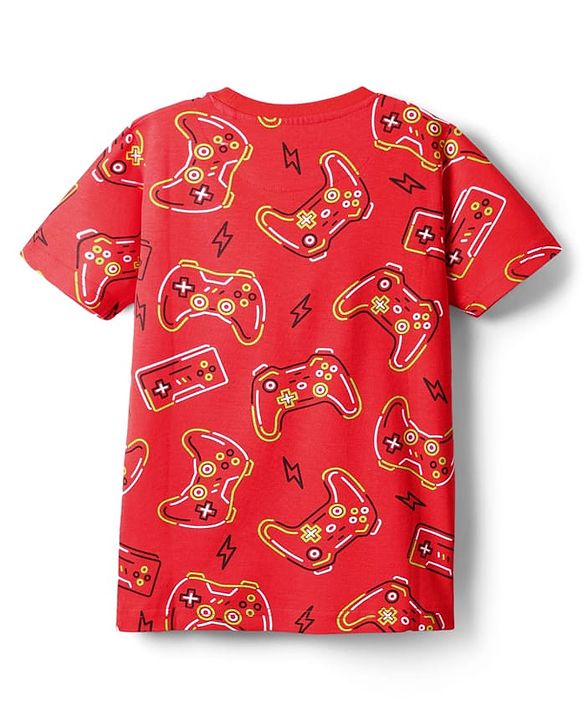 Pine Kids Single Jersey Knit Half Sleeves Night Suit  Co-ord  with Gaming Text Print - Red