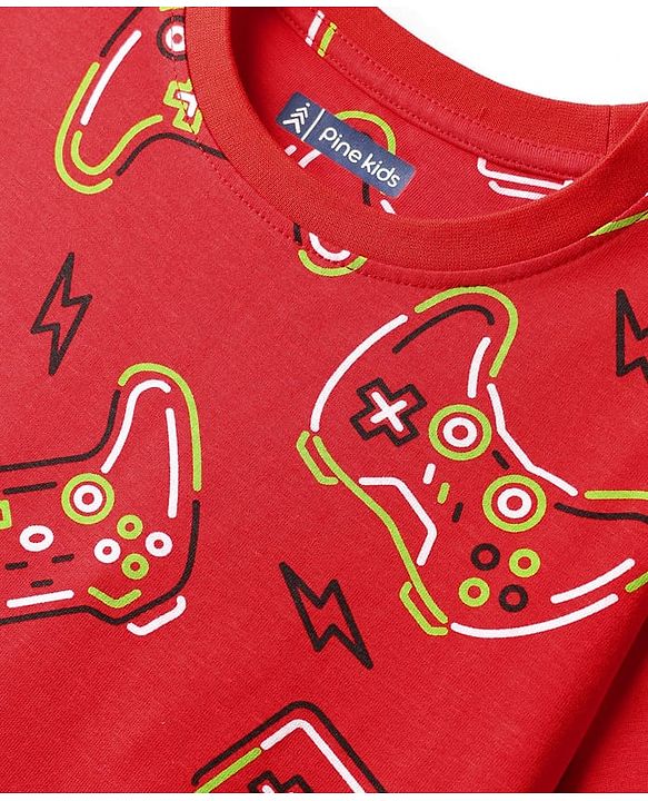 Pine Kids Single Jersey Knit Half Sleeves Night Suit  Co-ord  with Gaming Text Print - Red