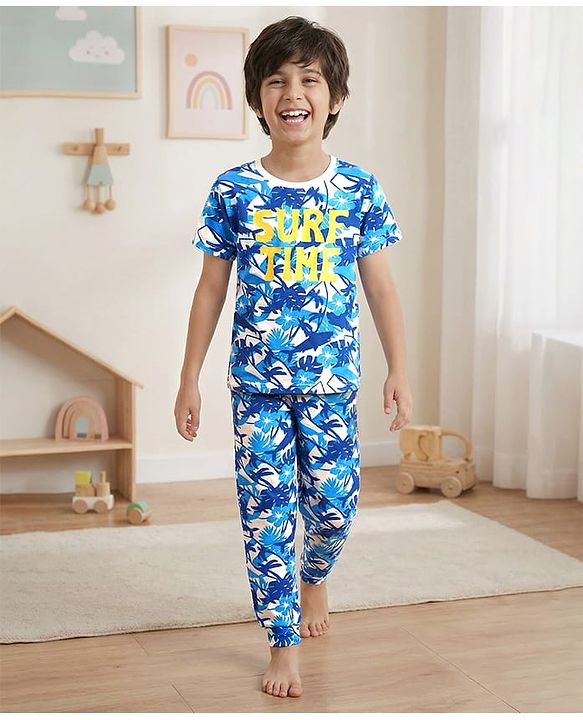 Pine Kids Single Jersey Knit Half Sleeves Co-ords Night Suit With Beach Theme Print - Light Blue
