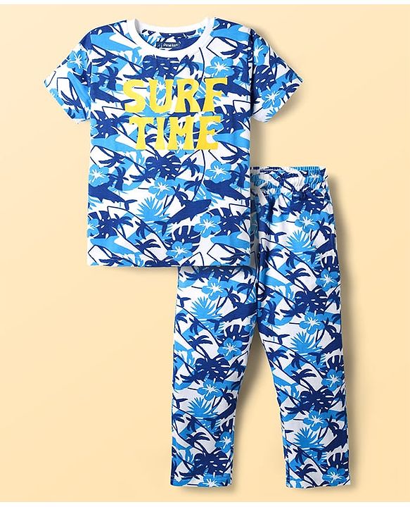 Pine Kids Single Jersey Knit Half Sleeves Co-ords Night Suit With Beach Theme Print - Light Blue