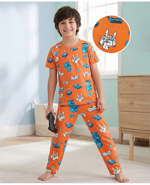 Pine Kids Single Jersey Knit Half Sleeves Co-ords Night Suit With Game Print - Orange