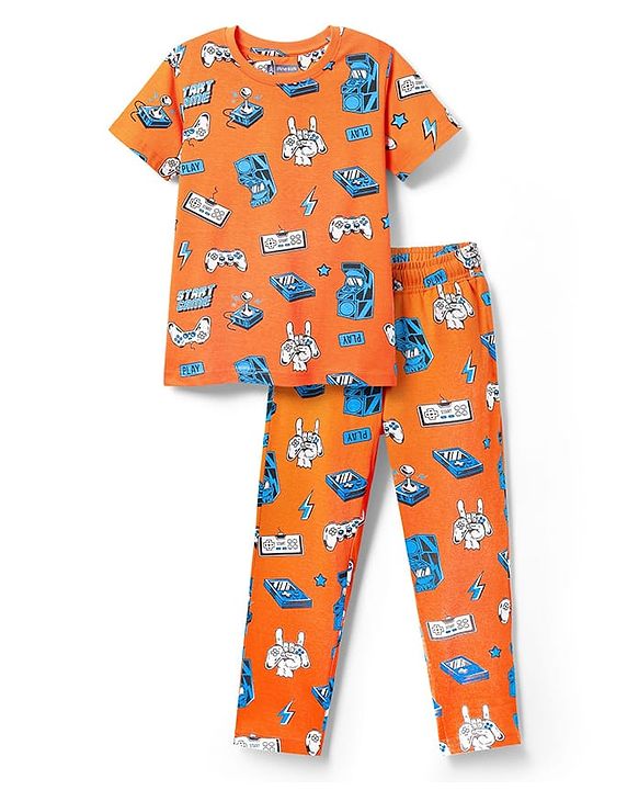 Pine Kids Single Jersey Knit Half Sleeves Co-ords Night Suit With Game Print - Orange